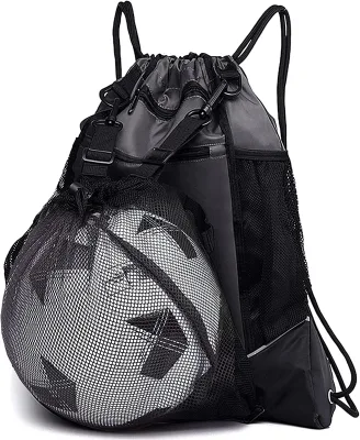 Drawstring Soccer Bag for Boys, Foldable Basketball Backpack Gym Bag Sackpack Sports Sack with Detachable Ball Mesh Bag for Volleyball Baseball Yoga, Grey